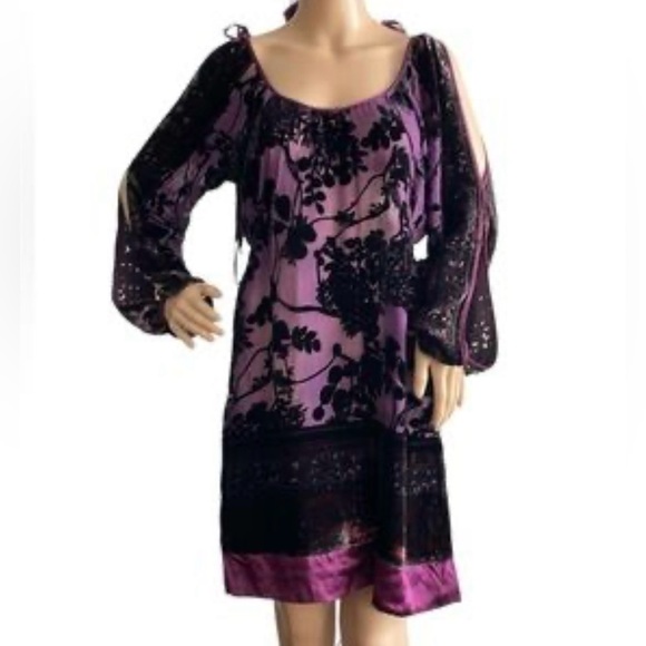 Hale’ Bob NWT Floral Mesh & Velvet Silk Blend Tunic Dress Boho Purple Size Med - Picture 1 of 13